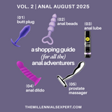 Product guide for anal products with images and text on a purple background
